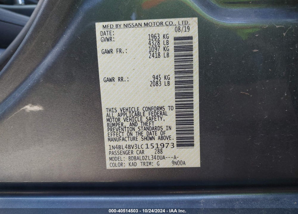 2020 NISSAN ALTIMA S FWD VIN: 1N4BL4BV3LC151973