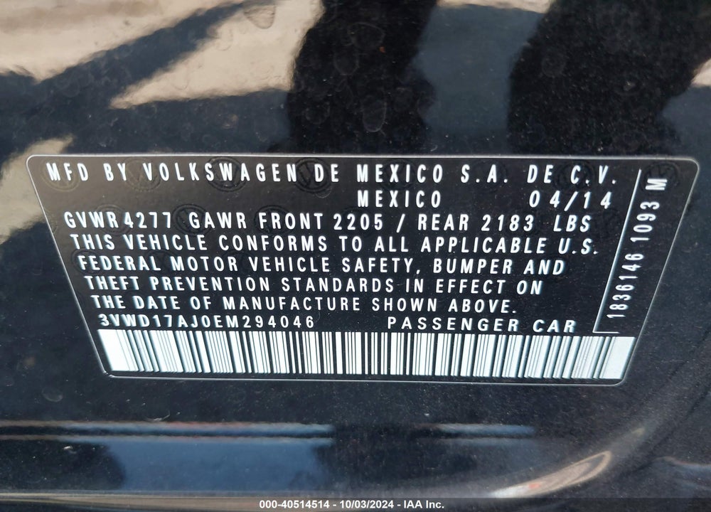 2014 VOLKSWAGEN JETTA 1.8T SE VIN: 3VWD17AJ0EM294046