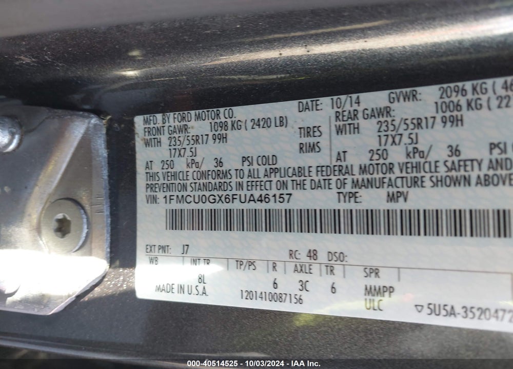 2015 FORD ESCAPE SE VIN: 1FMCU0GX6FUA46157