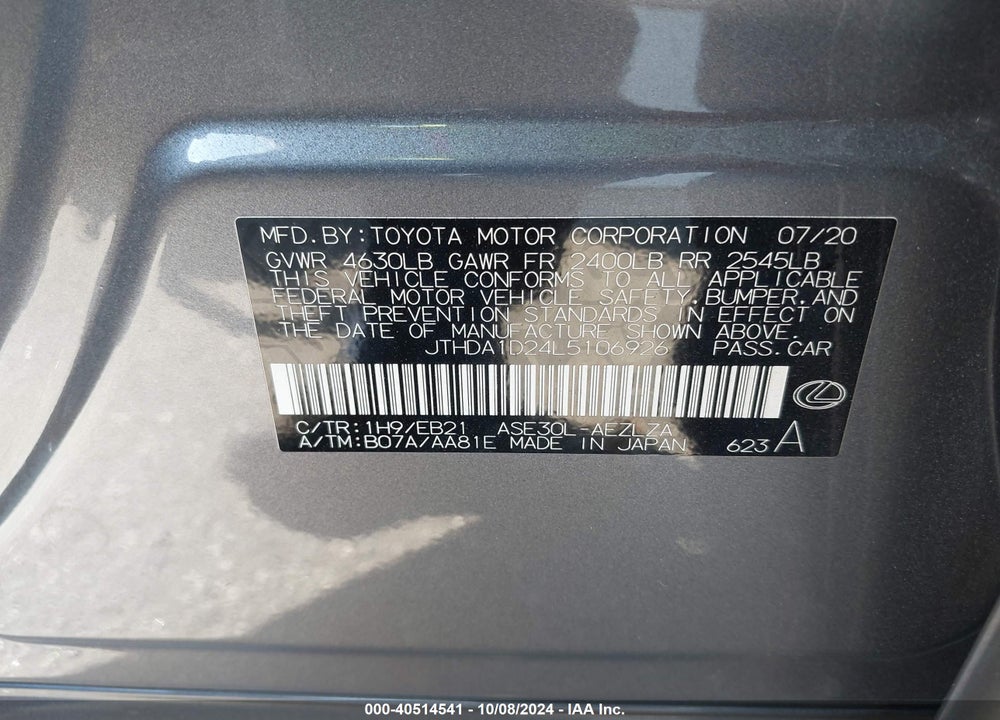 2020 LEXUS IS 300 VIN: JTHDA1D24L5106926