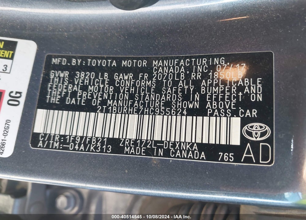 2017 TOYOTA COROLLA LE VIN: 2T1BURHE7HC955624