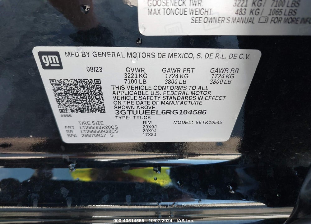 2024 GMC SIERRA 1500 4WD SHORT BOX AT4 VIN: 3GTUUEEL6RG104586