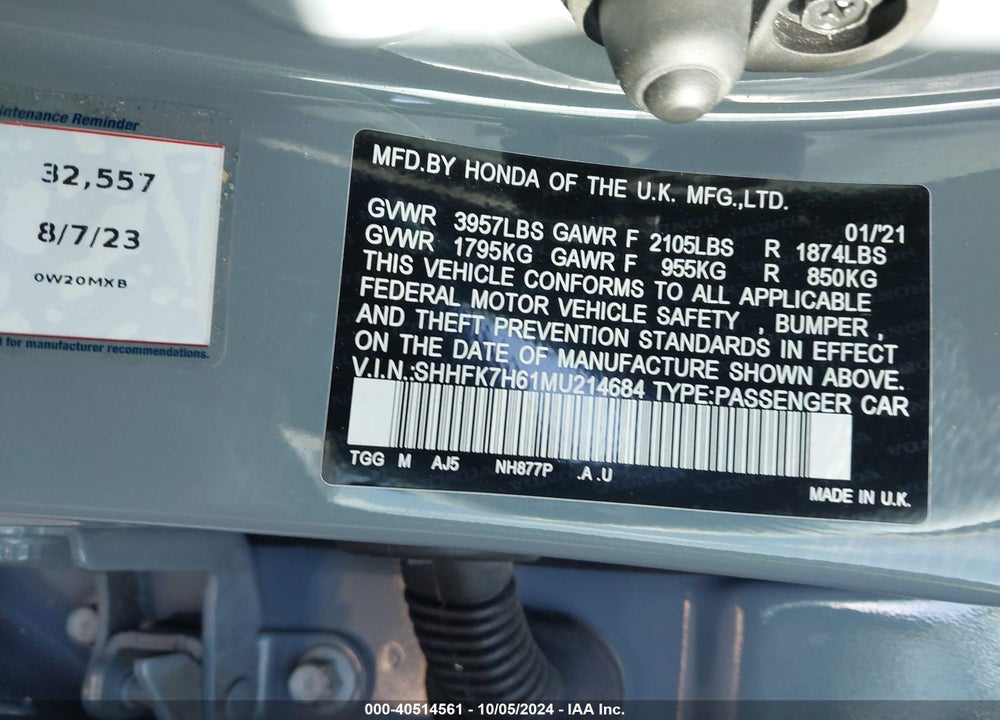 2021 HONDA CIVIC EX VIN: SHHFK7H61MU214684
