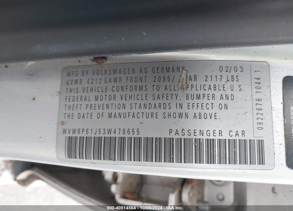 2003 VOLKSWAGEN JETTA GL TDI VIN: WVWRP61J53W478655
