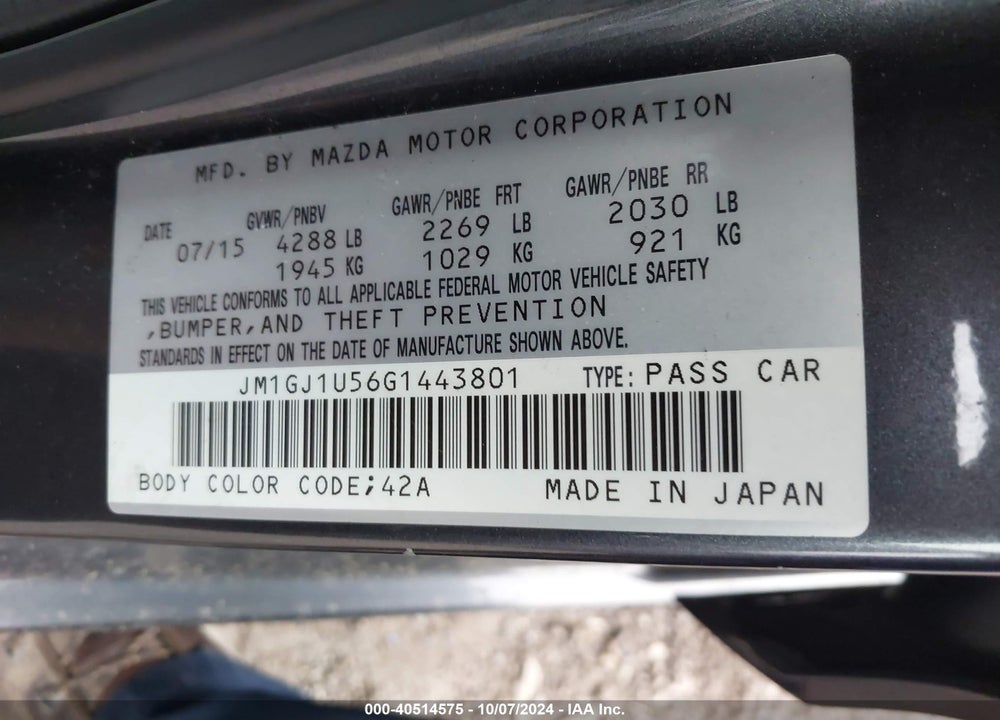 2016 MAZDA 6 I SPORT VIN: JM1GJ1U56G1443801