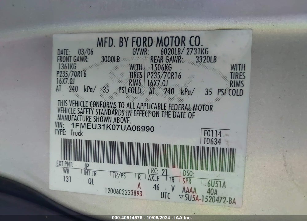 2007 FORD EXPLORER SPORT TRAC XLT VIN: 1FMEU31K07UA06990