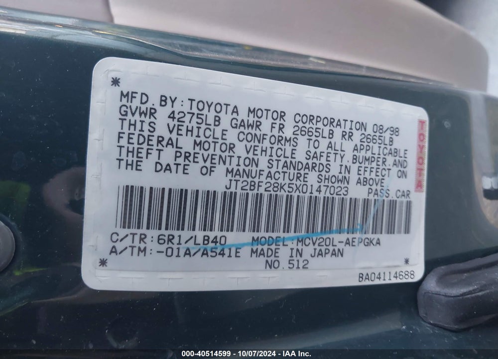 1999 TOYOTA CAMRY XLE V6 VIN: JT2BF28K5X0147023