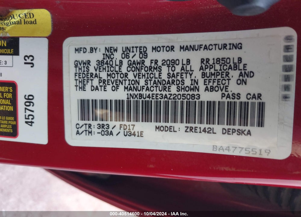 2010 TOYOTA COROLLA S VIN: 1NXBU4EE3AZ205083