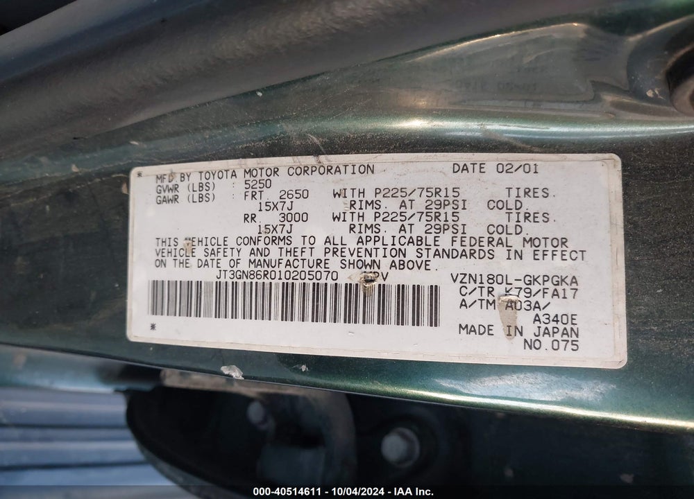 2001 TOYOTA 4RUNNER SR5 V6 VIN: JT3GN86R010205070