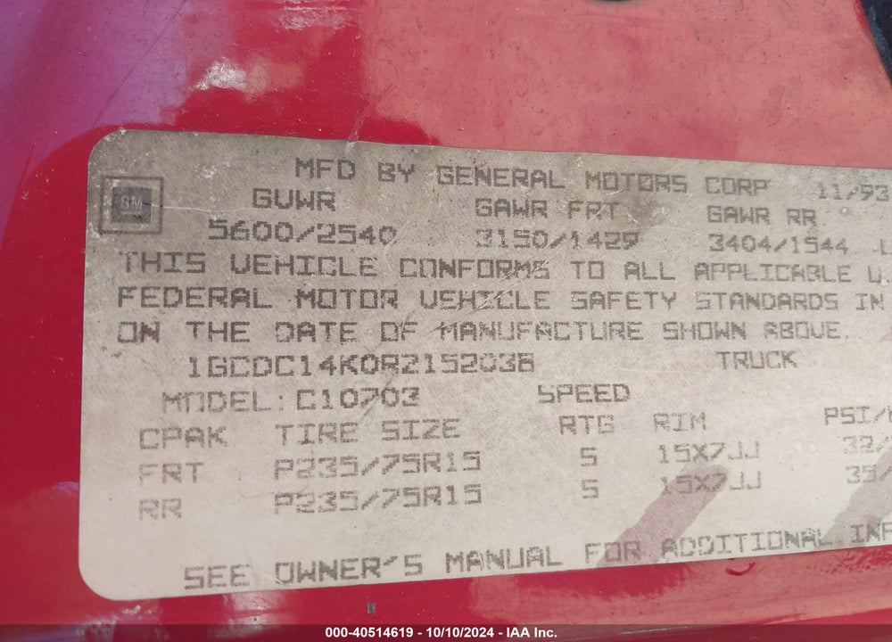 1994 CHEVROLET GMT-400 C1500 VIN: 1GCDC14K0RZ152038