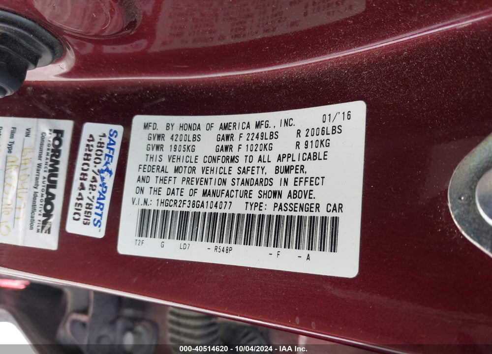 2016 HONDA ACCORD LX VIN: 1HGCR2F38GA104077