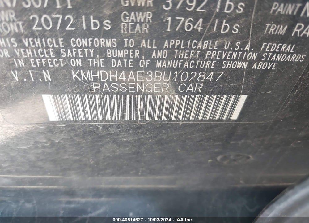 2011 HYUNDAI ELANTRA LIMITED (ULSAN PLANT) VIN: KMHDH4AE3BU102847