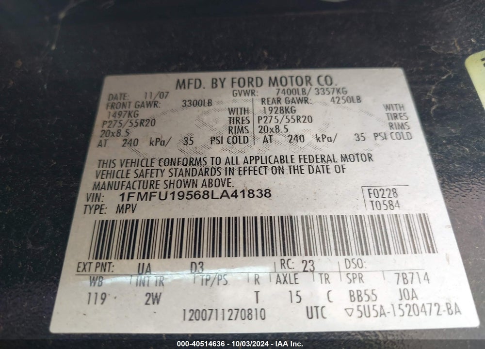 2008 FORD EXPEDITION LIMITED VIN: 1FMFU19568LA41838