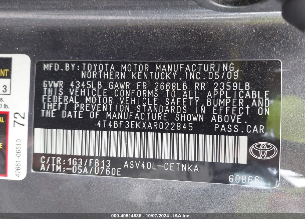 2010 TOYOTA CAMRY LE VIN: 4T4BF3EKXAR022845