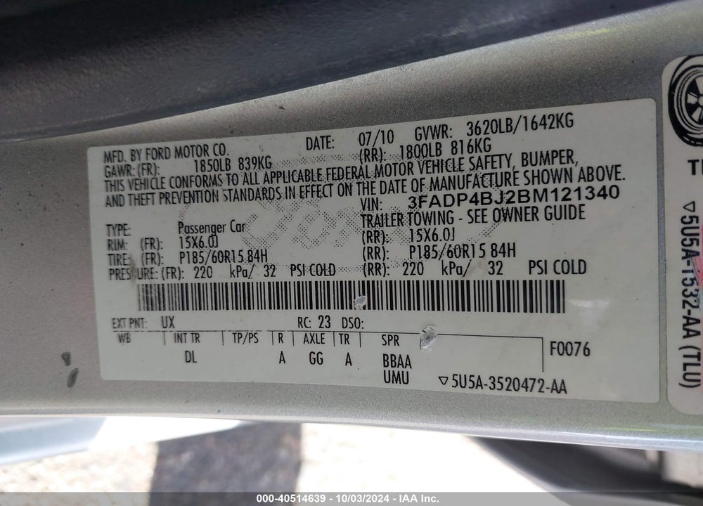 2011 FORD FIESTA SE VIN: 3FADP4BJ2BM121340