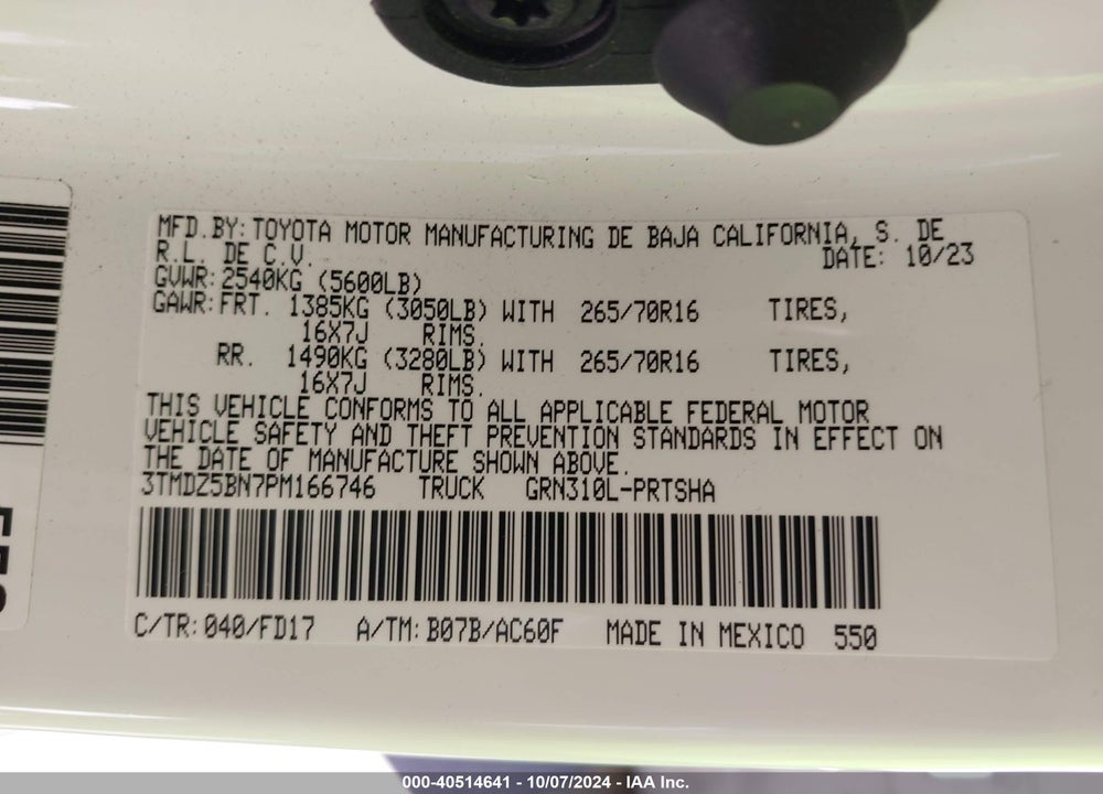 2023 TOYOTA TACOMA VIN: 3TMDZ5BN7PM166746