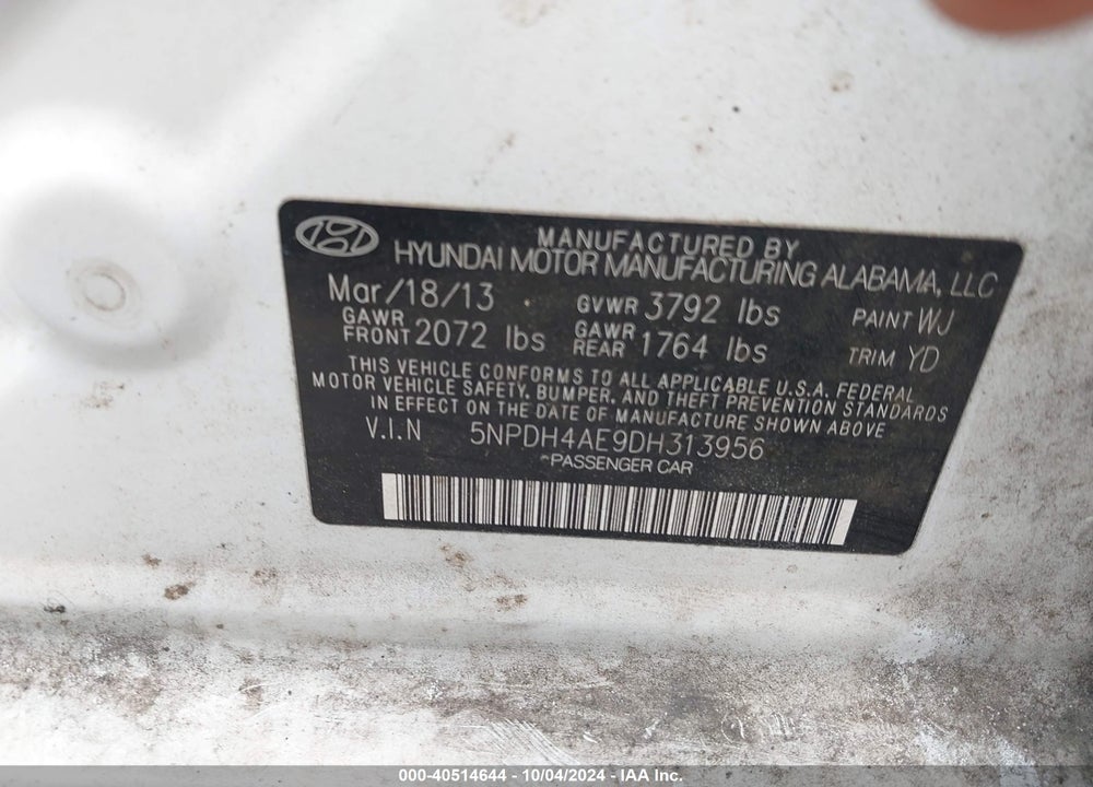 2013 HYUNDAI ELANTRA GLS VIN: 5NPDH4AE9DH313956