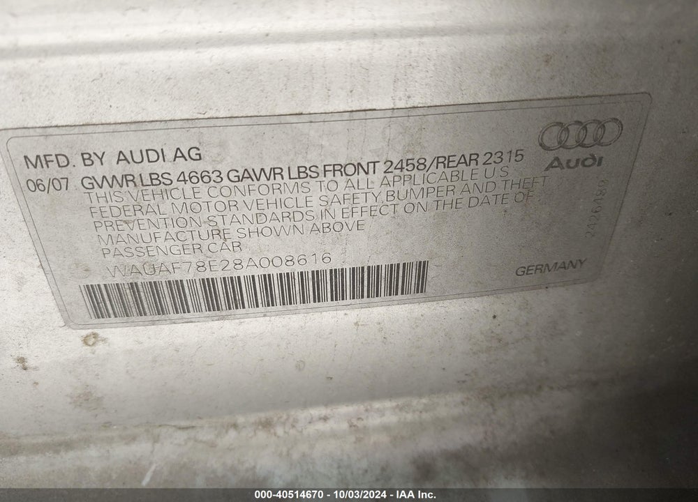 2008 AUDI A4 2.0T VIN: WAUAF78E28A008616