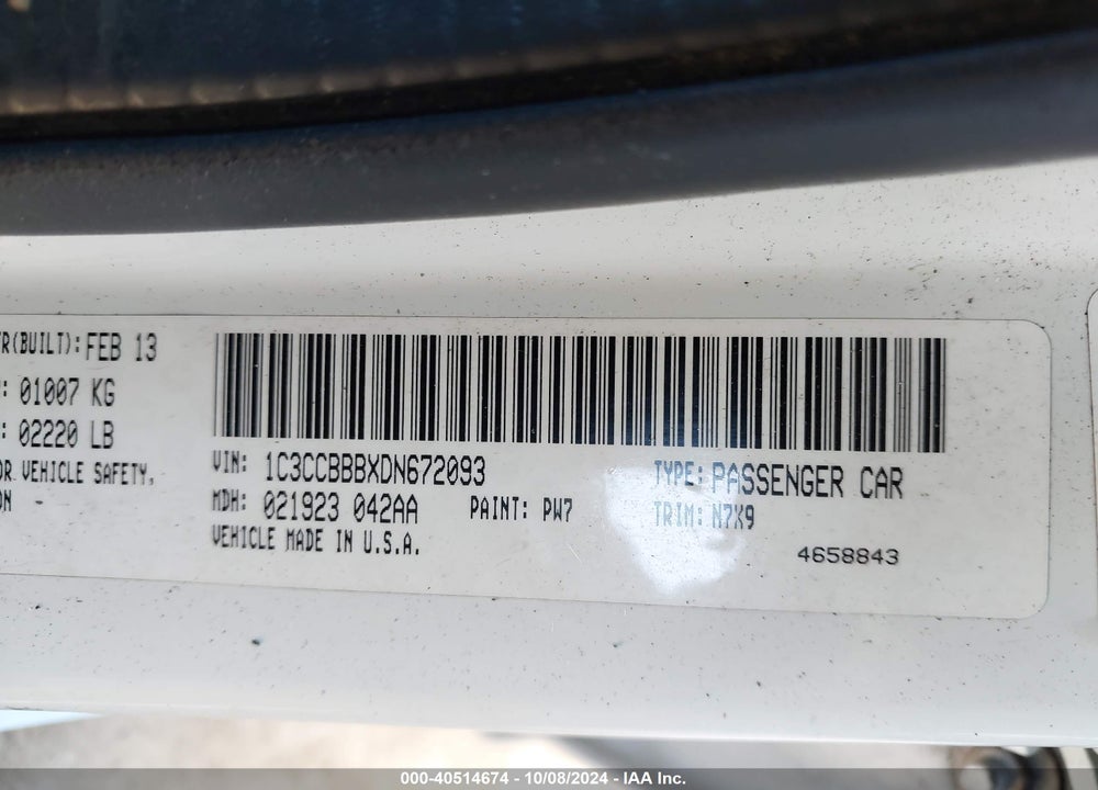 2013 CHRYSLER 200 TOURING VIN: 1C3CCBBBXDN672093