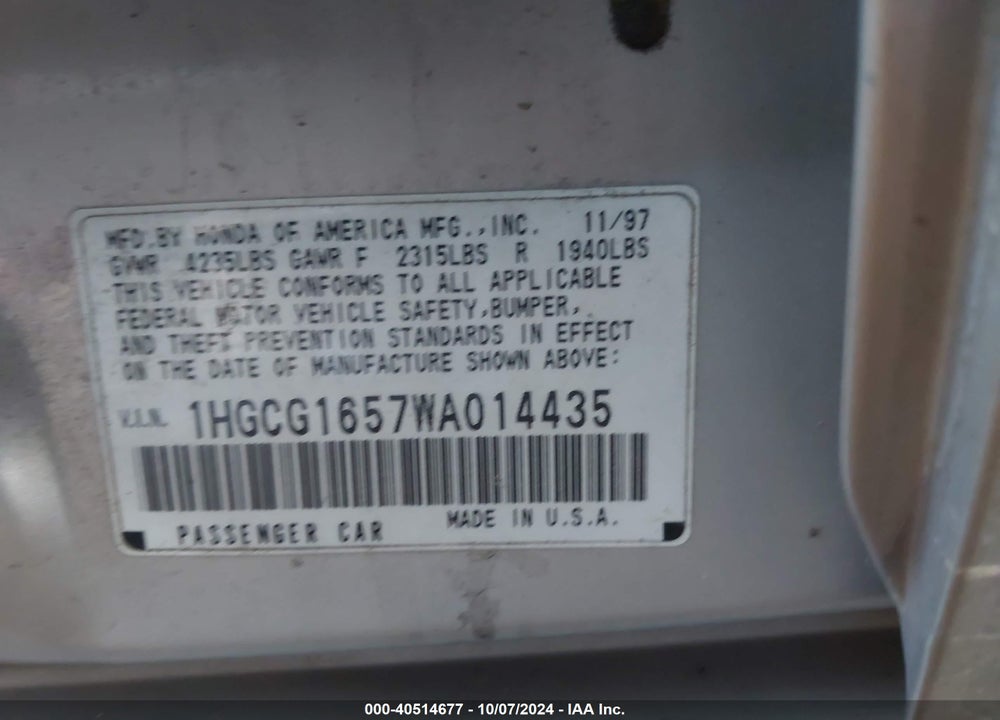 1998 HONDA ACCORD EX V6 VIN: 1HGCG1657WA014435