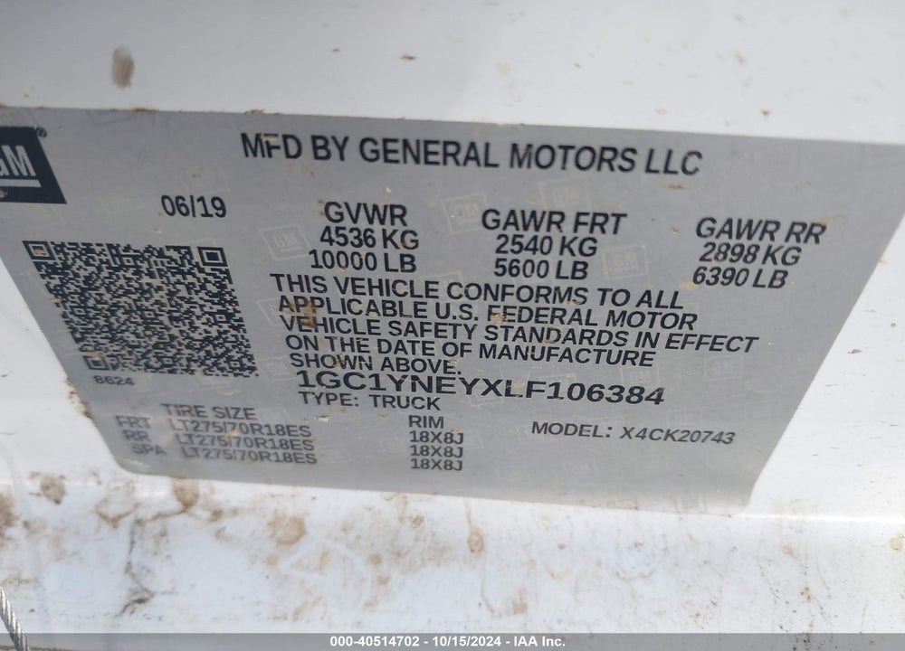 2020 CHEVROLET SILVERADO 2500HD 4WD STANDARD BED LT VIN: 1GC1YNEYXLF106384