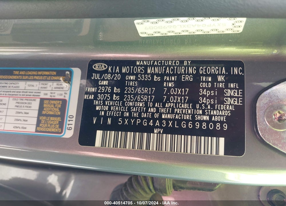 2020 KIA SORENTO 2.4L L VIN: 5XYPG4A3XLG698089