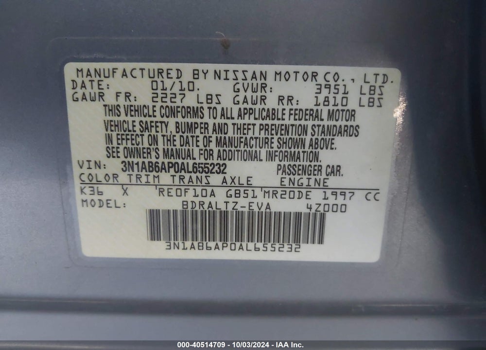 2010 NISSAN SENTRA 2.0S VIN: 3N1AB6AP0AL655232