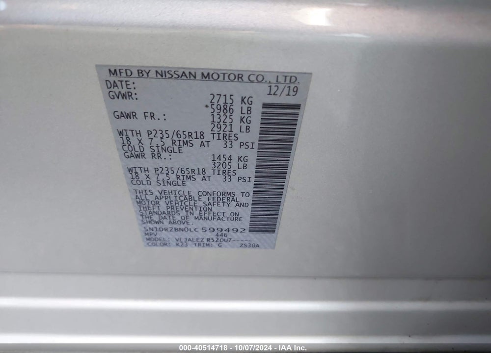 2020 NISSAN PATHFINDER VIN: 5N1DR2BN0LC599492