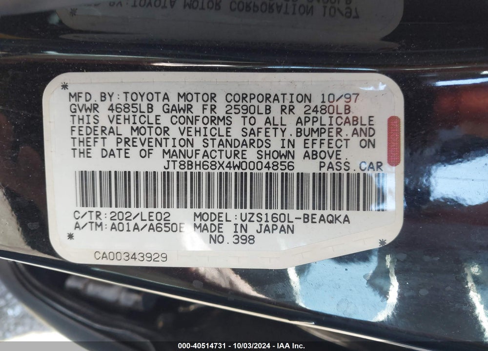 1998 LEXUS GS 400 VIN: JT8BH68X4W0004856