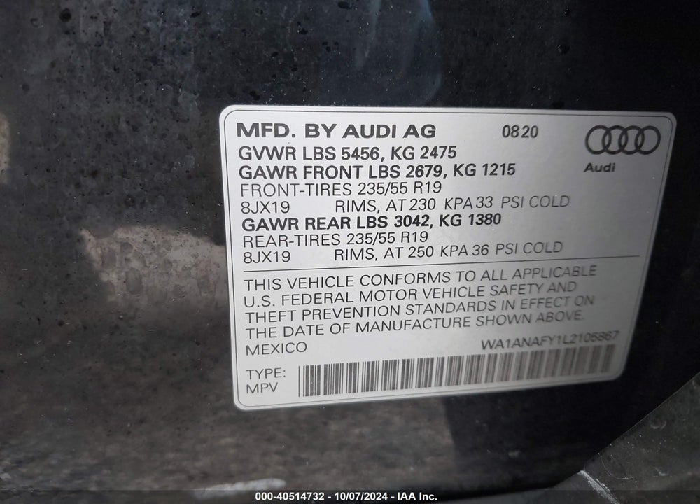 2020 AUDI Q5 PREMIUM 45 TFSI QUATTRO S TRONIC VIN: WA1ANAFY1L2105867