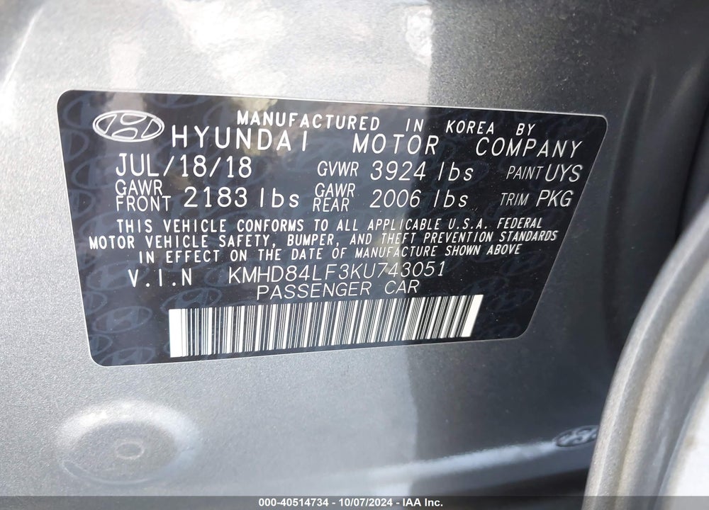 2019 HYUNDAI ELANTRA SEL VIN: KMHD84LF3KU743051