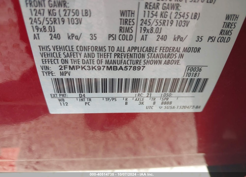 2021 FORD EDGE TITANIUM VIN: 2FMPK3K97MBA57897