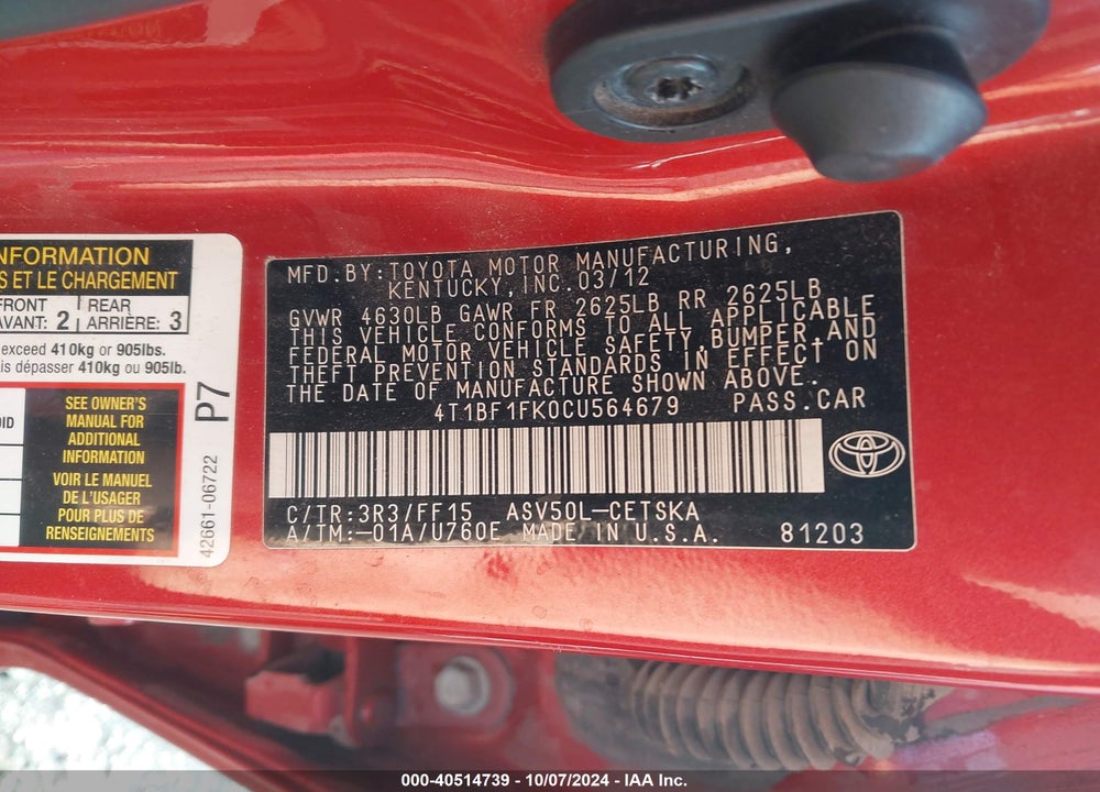2012 TOYOTA CAMRY VIN: 4T1BF1FK0CU564679