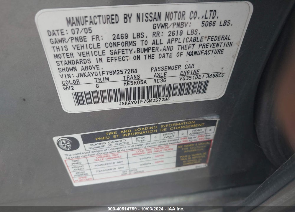 2006 INFINITI M35X VIN: JNKAY01F76M257284