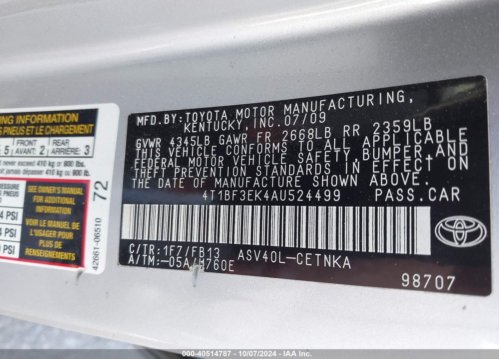 2010 TOYOTA CAMRY LE VIN: 4T1BF3EK4AU524499