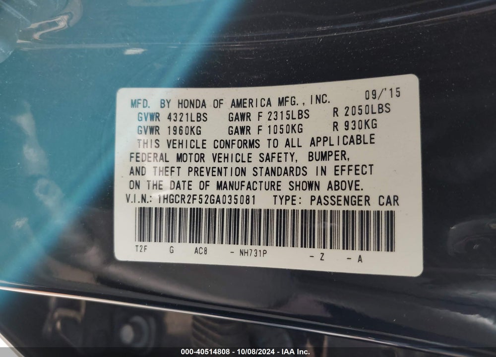 2016 HONDA ACCORD SPORT VIN: 1HGCR2F52GA035081