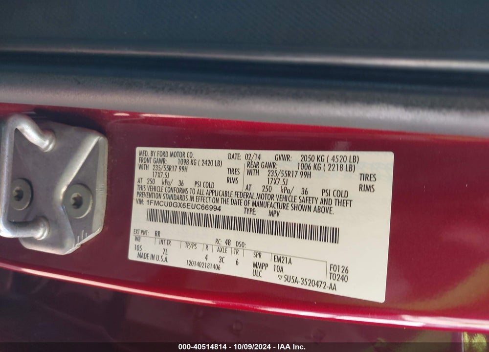 2014 FORD ESCAPE VIN: 1FMCU0GX6EUC66994