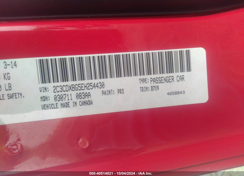 2014 DODGE CHARGER SE VIN: 2C3CDXBG5EH254430