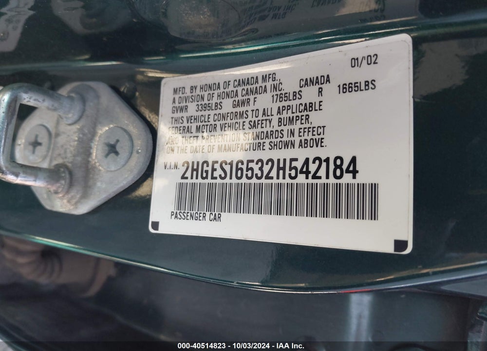 2002 HONDA CIVIC LX VIN: 2HGES16532H542184