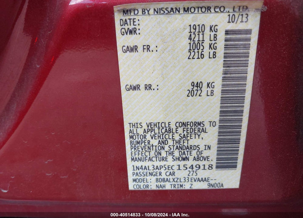 2014 NISSAN ALTIMA 2.5 SL VIN: 1N4AL3AP5EC154918