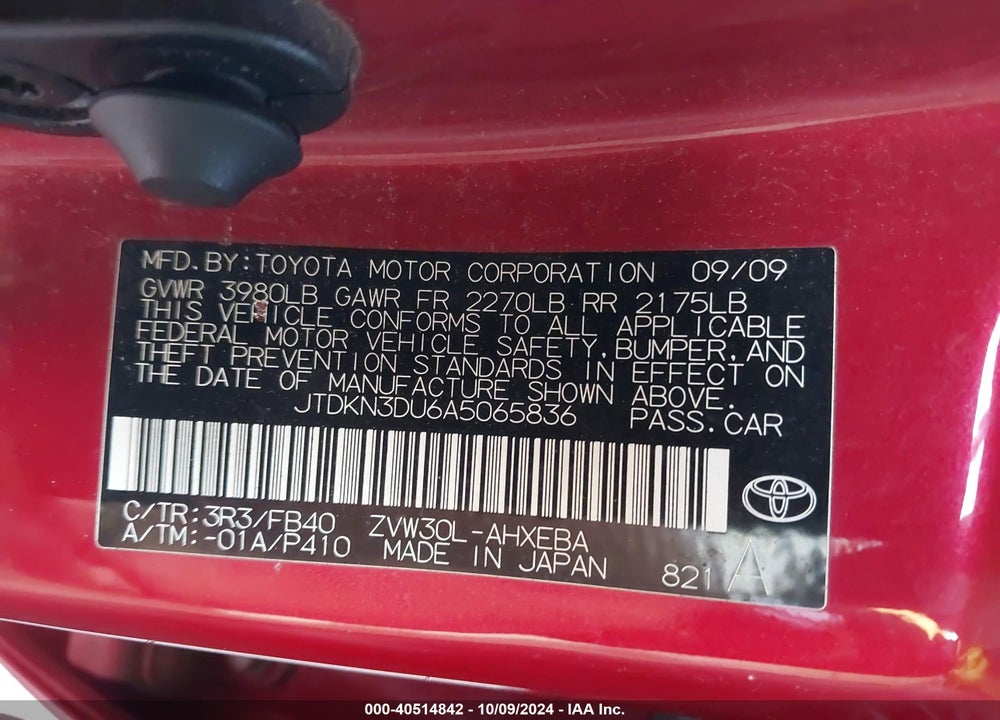 2010 TOYOTA PRIUS VIN: JTDKN3DU6A5065836