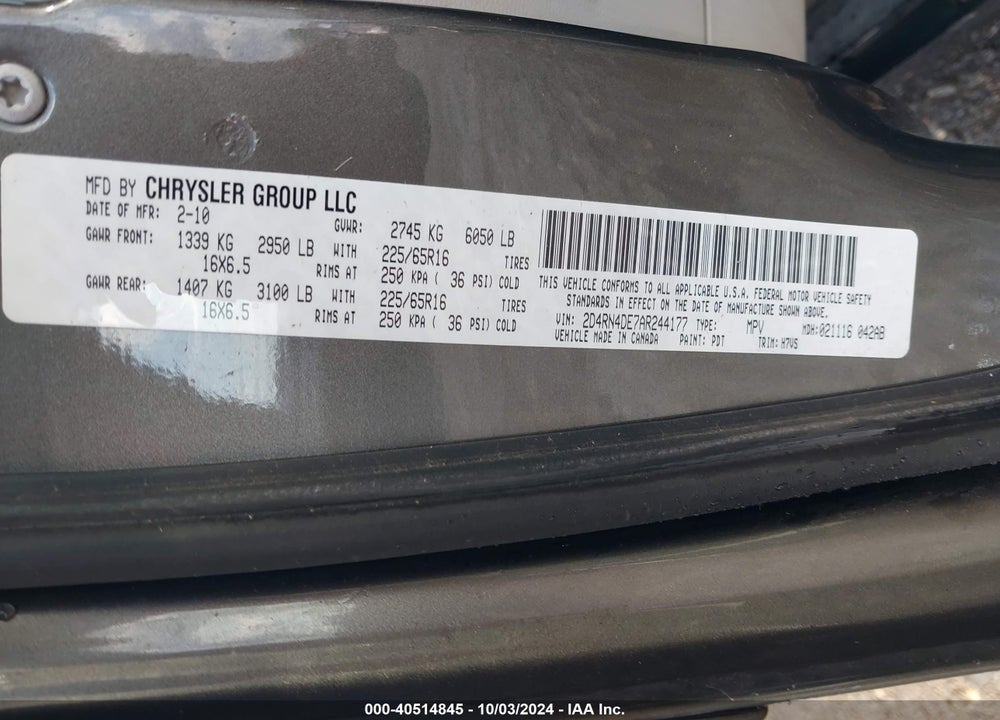 2010 DODGE GRAND CARAVAN SE VIN: 2D4RN4DE7AR244177
