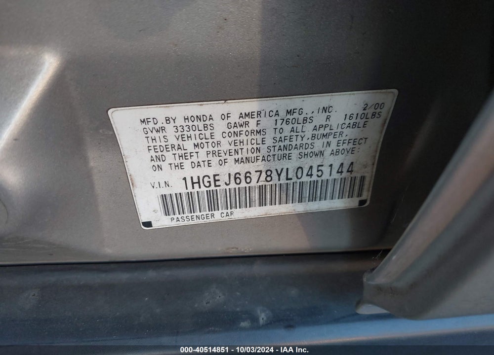 2000 HONDA CIVIC LX VIN: 1HGEJ6678YL045144