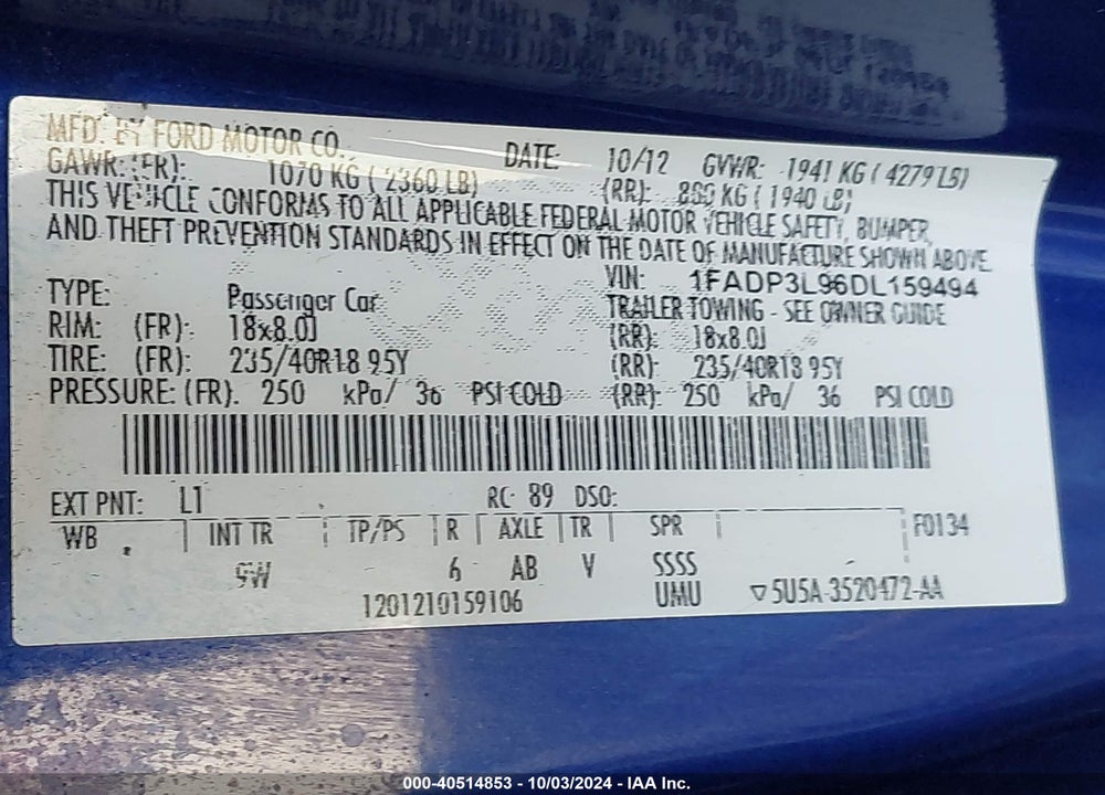 2013 FORD FOCUS ST VIN: 1FADP3L96DL159494
