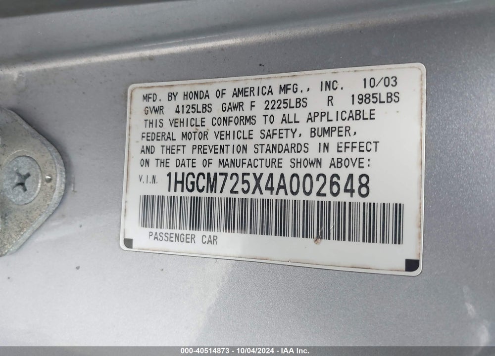 2004 HONDA ACCORD 2.4 EX VIN: 1HGCM725X4A002648