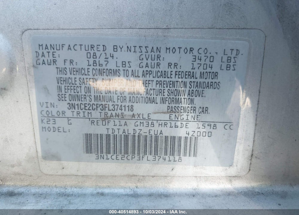 2015 NISSAN VERSA NOTE S (SR)/S PLUS/SL/SR/SV VIN: 3N1CE2CP3FL374118
