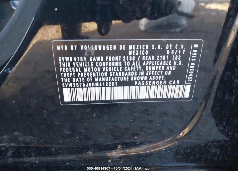 2017 VOLKSWAGEN JETTA 1.4T S VIN: 3VW2B7AJ0HM412251