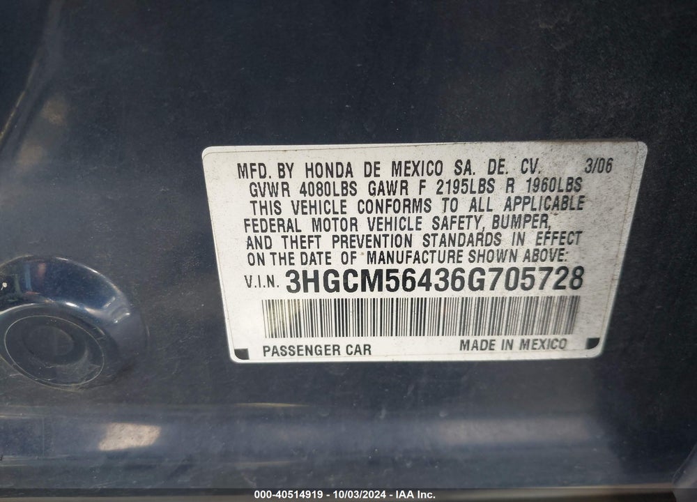 2006 HONDA ACCORD 2.4 LX VIN: 3HGCM56436G705728