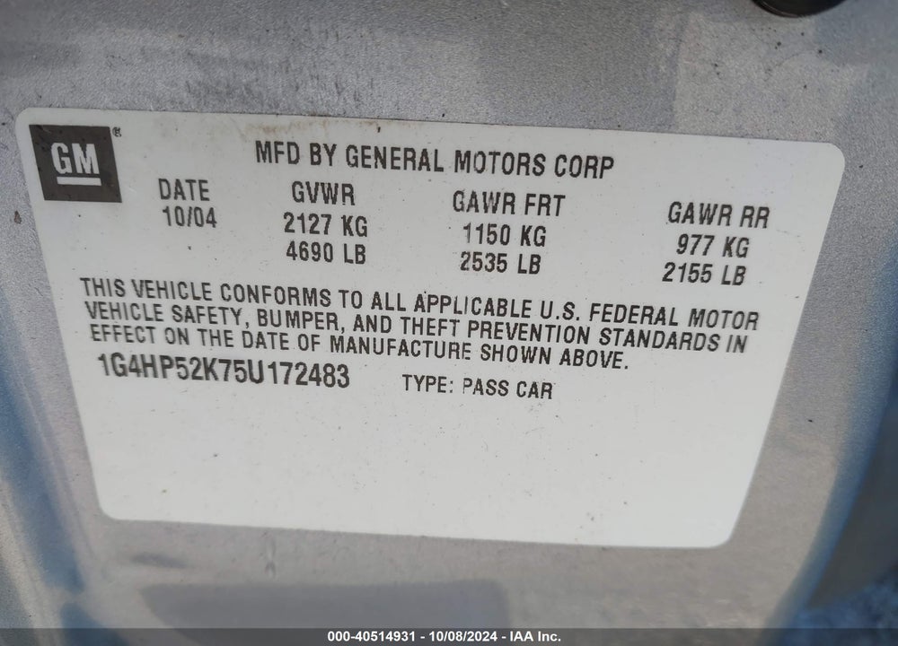 2005 BUICK LESABRE CUSTOM VIN: 1G4HP52K75U172483