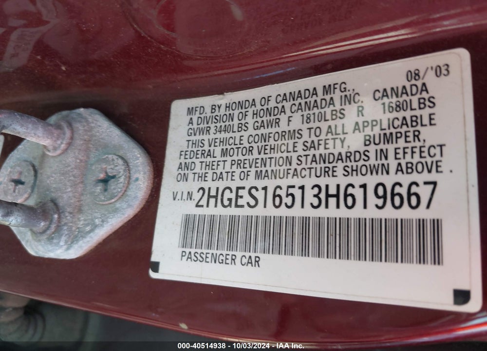 2003 HONDA CIVIC LX VIN: 2HGES16513H619667